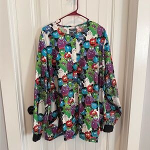 Colorful Monster Print Scrub Jacket - Size 3X